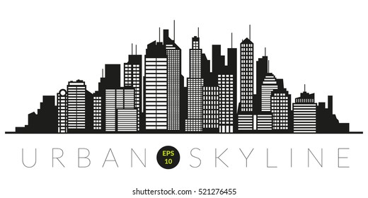 Cityscape Illustration. Urban skyline with skyscrapers and tall buildings silhouette