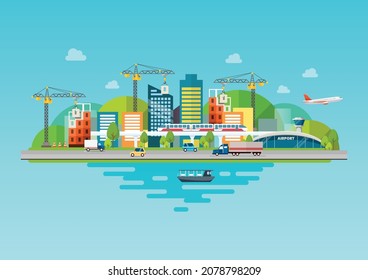 Cityscape with Infrastructure and building under construction. Vector illustration