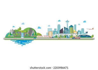 Paisaje urbano con infraestructura y paisaje natural. Ilustración del vector