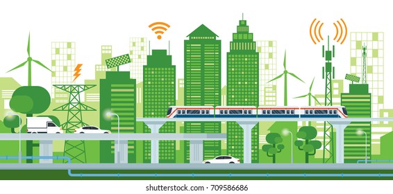 Cityscape With Infrastructure And Transportation, Smart City, Connected, Green And Clean Energy Concept