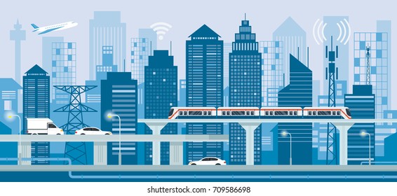 Cityscape with Infrastructure and Transportation, Smart City, Connected, Energy and Power Concept