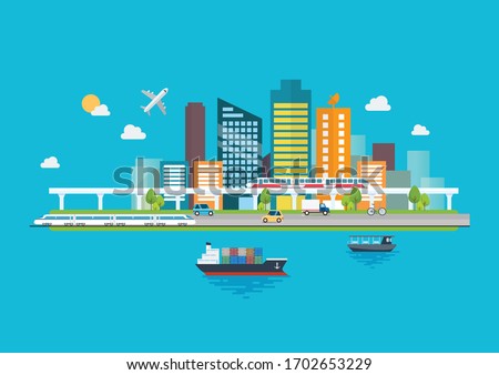 Cityscape with Infrastructure and Transportation. Vector illustration