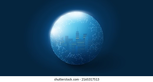 Stadtlandschaft innerhalb einer Globe auf dunkelblauem Hintergrund - Netzwerktechnik, Hochgeschwindigkeits-Breitband-Mobiltelekommunikation und drahtloses Internet-Design, neues Zukunftskonzept für globale Technologie