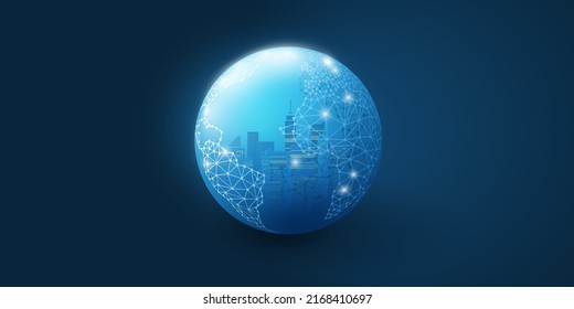 Cityscape Inside Of A Globe On Dark Blue Background - Network Mesh, High Speed Broadband Urban Mobile Telecommunication And Wireless Internet Design, New Cutting Edge Future Global Technology Concept