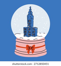 Paisaje urbano dentro de un globo de nieve con una cinta festiva