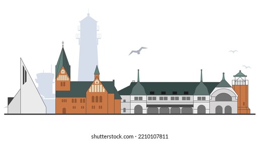 Cityscape of island Sylt with landmarks, germany sea resort, Westerland cityscape, vector