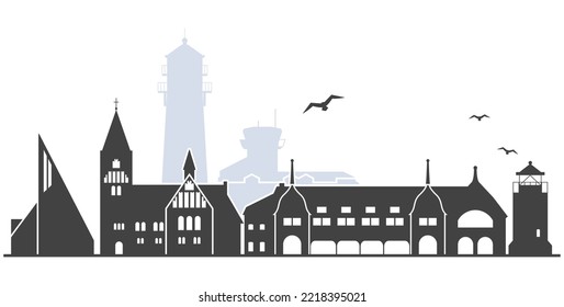 Stadtbild der Insel Sylt mit Wahrzeichen, Silhouette des deutschen Seebadeorts, Westerland-Umriss, Vektorgrafik