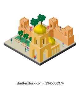 Cityscape in isometric view. Fortress wall, temple, benches, trees and people.