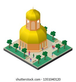 Cityscape in isometric view. Temple in park with trees, benches and people.