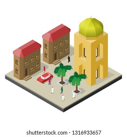 Cityscape in isometric view. Temple, urban buildings, trees, car and people.