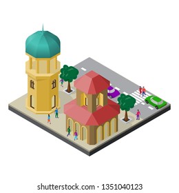Cityscape in isometric view. Tower, town building, roadway, trees, cars and people.
