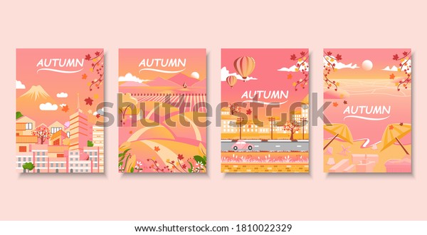 Cityscape of Japan with nature landscape and beach\
in autumn, book\
cover.