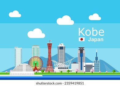 Cityscape of Kobe, Japan, in flat design featuring its famous buildings