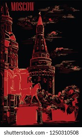 Cityscape of Kremlin tower, State Historical Museum and Monument to Marshal Zhukov (Red Square, Moscow, Russia) isolated vector hand drawing illustration in red and beige colors on black background