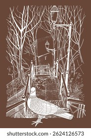 Vista da cidade de Kiev, Ucrânia. Escadaria em rarka e pombos. A ilustração é pintada à mão com caneta e tinta. Esboço de linha convertido em desenho vetorial.