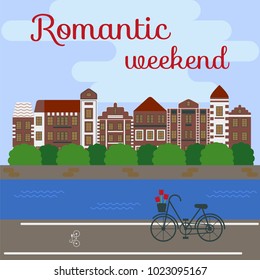 Cityscape, landscape of European city. Quay with bicycle, old historic buildings, tulips. Greeting card, invitation for romantic weekend. Vector illustration about Europe river view.