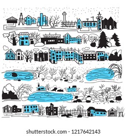 Cityscape, landscape vector doodle set hand drawn, city scenery.