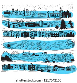 Cityscape, landscape vector doodle set hand drawn, city scenery.