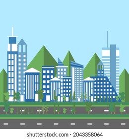 Cityscape with large modern buildings and road on mountain background.
