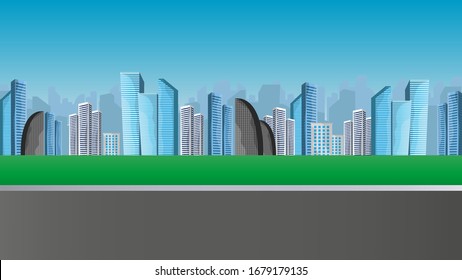 Cityscape with large modern buildings. Street, highway. The concept of the city. Vector illustration.
