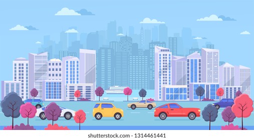 Cityscape with large modern buildings, urban transport, traffic on street, park with color trees and  river. Highway with cars on blue background.