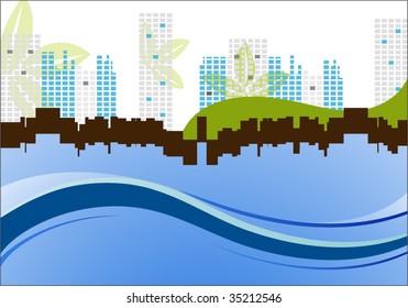 paisaje urbano con hojas y olas