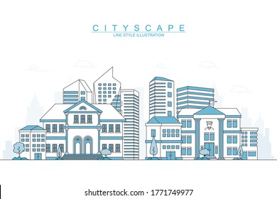 Vida del paisaje urbano, con diseño de línea delgada de ilustración vectorial. Moderno con fachadas de color azul de   Edificios, casas, etc.