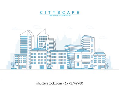 Cityscape life, with thin line design style vector illustration. Trendy with Blue colored facades of   Buildings, houses etc.