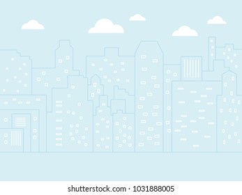 Cityscape light blue background with clouds in the sky. Flat line illustration