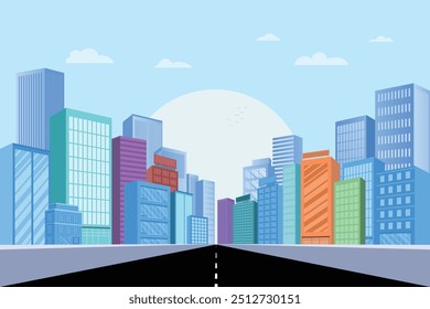 Cityscape with light blue sky and clouds. Modern city skyscrapers, cityscape buildings, and a road in the middle.