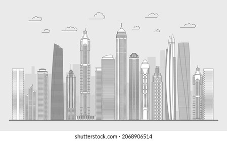 Cityscape line art building. City line illustration panorama. Skyline thin line vector illustration.