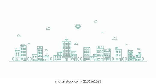 Cityscape line art illustration. Urban landscape in monochrome line art style. Vector illustration.