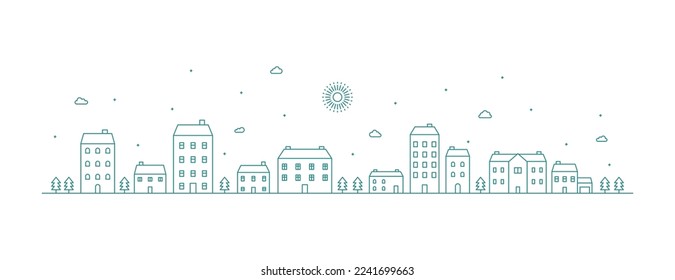 Cityscape line art illustration. Urban landscape in monochrome line art style. Vector illustration.