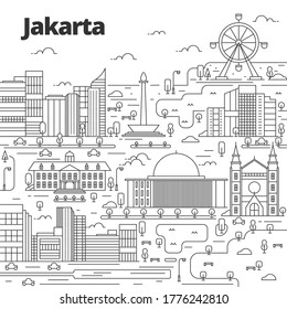 Cityscape in line art style. View with culture, houses, trees and clouds. Wonderful Indonesia. Jakarta city