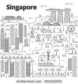 Cityscape in line art style. View with culture, houses, trees and clouds. Singapore