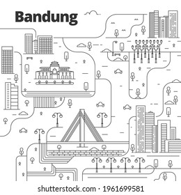 Cityscape in line art style. View with culture, houses, trees and clouds. Wonderful Indonesia. Bandung city