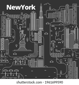 Cityscape in line art style. View with culture, houses, trees and clouds. New York city