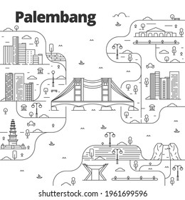 Cityscape in line art style. View with culture, houses, trees and clouds. Wonderful Indonesia. Palembang city