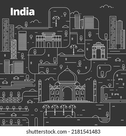 Cityscape in line art style. View with culture, houses, trees and clouds. India