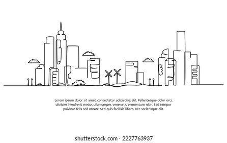 Cityscape line design. Beautiful city view. Decorative elements drawn one continuous line. Vector illustration of minimalist style on white background.