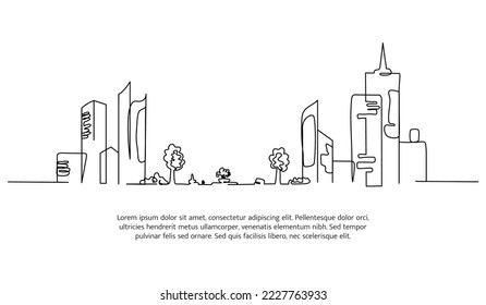 Diseño de líneas de Cityscape. Bonitas vistas a la ciudad verde. Elementos decorativos dibujados en una línea continua. Ilustración vectorial de estilo minimalista sobre fondo blanco.