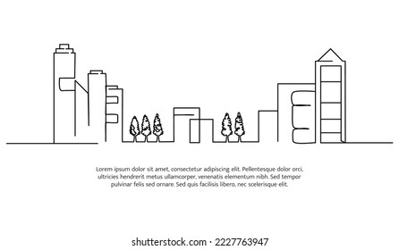 Cityscape line design. Beautiful green city view. Decorative elements drawn one continuous line. Vector illustration of minimalist style on white background.