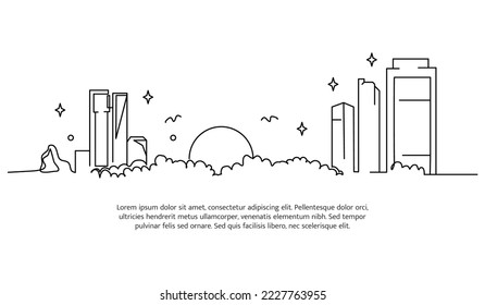 Cityscape line design. Beautiful green city view. Decorative elements drawn one continuous line. Vector illustration of minimalist style on white background.