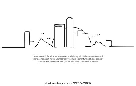 Cityscape line design. Beautiful views of the city around the hill. Decorative elements drawn one continuous line. Vector illustration of minimalist style on white background.