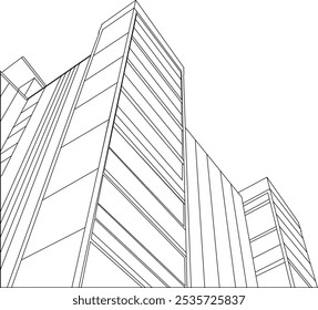 Dibujo de la línea del paisaje urbano desde abajo hasta la vista de alta perspectiva