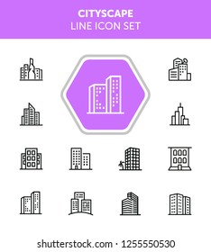 Cityscape line icon set. Set of line icons on white background. Architecture concept. Building, skyscraper, architecture. Vector illustration can be used for topics like apartment, estate, downtown