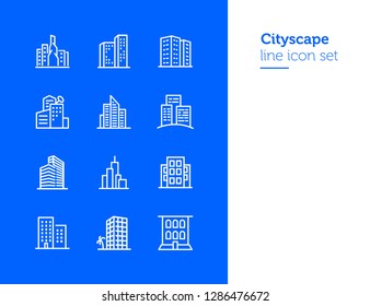 Cityscape line icon set. Set of line icons on white background. Architecture concept. Building, skyscraper, architecture. Vector illustration can be used for topics like apartment, estate, downtown