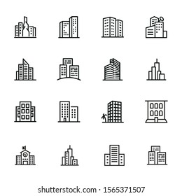 Cityscape line icon set. Set of line icons on white background. Architecture concept. Building, skyscraper, architecture. Vector illustration can be used for topics like apartment, estate, downtown