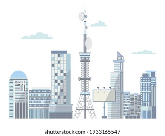Línea Cityscape con torre inalámbrica de telecomunicaciones y antena satelital, ilustración vectorial plana aislada en fondo blanco. Equipo de transmisión por satélite.