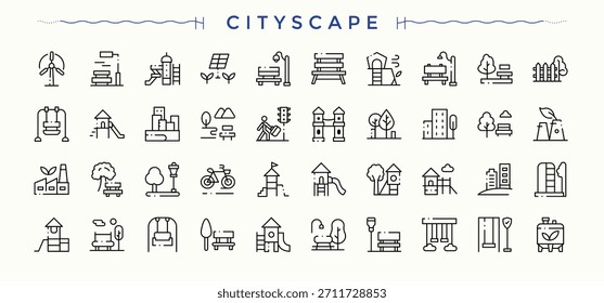 Conjunto de iconos lineales de paisaje urbano. Iconos lineales minimalistas. Trazo de Vector editable. Conjunto de iconos de tierra. Contiene símbolos de contorno como lago, parque de la ciudad, urbano, parque, al aire libre y más.